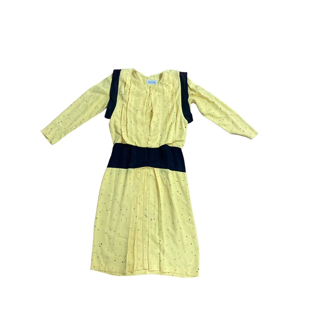 Vintage 80s Yellow and Black Dress Print Midi Length- by Michael Blair-Medium